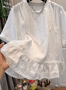 200斤大码2025夏季新款女装白色棉麻蕾丝边T恤高级感穿搭上衣欧货
