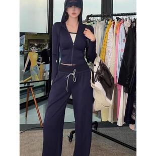 小众通勤新款后背绑绳收腰连帽卫衣外套女搭抽绳休闲裤显瘦两件套