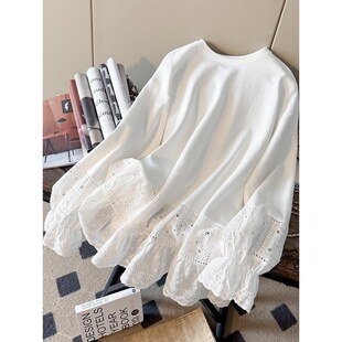 蕾丝镂空钩花拼接上衣女减龄叠穿长袖 新款 T恤 2025秋季 200斤大码
