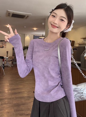 百搭秋季紫色扎染女上衣短款修身t恤长袖薄款褶皱圆领ins长袖打底