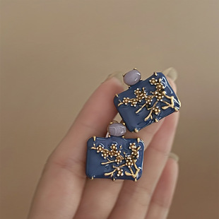 E51银针滴油方形梅花吊坠耳钉新中式 百搭高级感耳饰 气质耳钉时尚