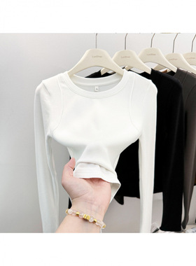 欧货圆领灰色长袖t恤女秋冬2025新款修身上衣95棉打底衫女内搭潮