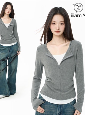 灰色v领95棉打底衫女冬2025新款正肩长袖t恤打底内搭修身显瘦上衣