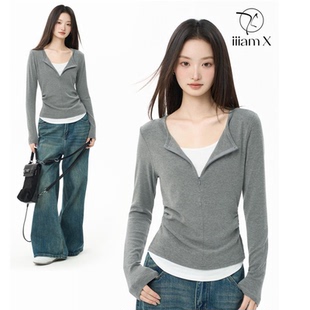 iiiamX灰色半拉链假两件长袖t恤女秋季正肩修身内搭打底收腰上衣