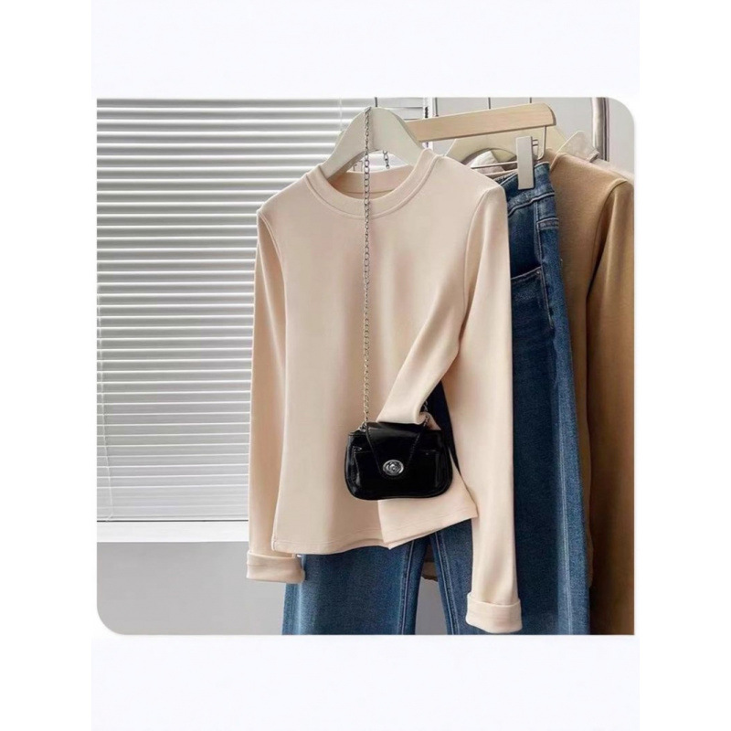 纯色简约百搭双面德绒长袖T恤打底衫女生时尚潮流可外穿磨毛内搭