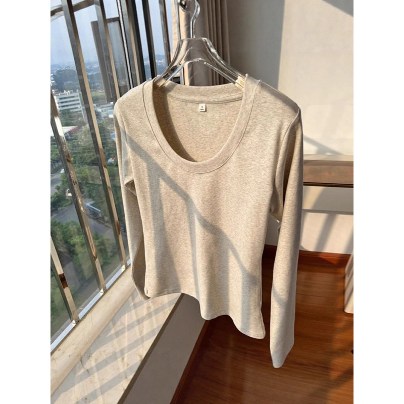 正肩长袖u领T恤女装秋冬新款棉质修身低圆领锁骨基础款上衣早秋