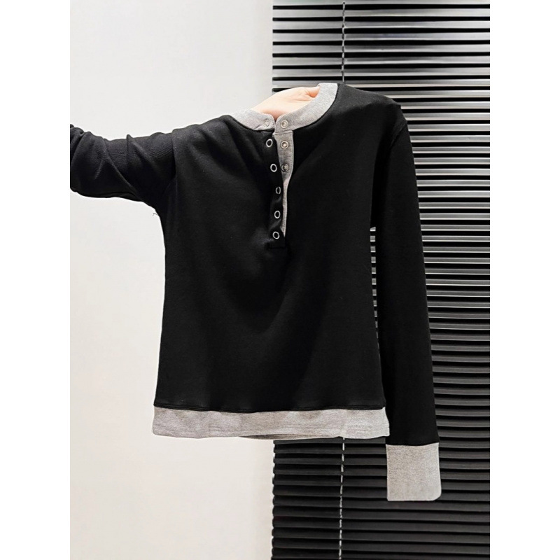 2025打底衫女内搭外穿秋季新款美式撞色亨利领假两件上衣长袖T恤