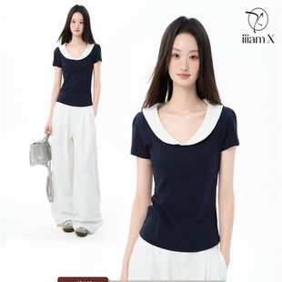 iiimaX藏青色娃娃领修身短袖t恤女夏季2025新款大领口正肩上衣夏