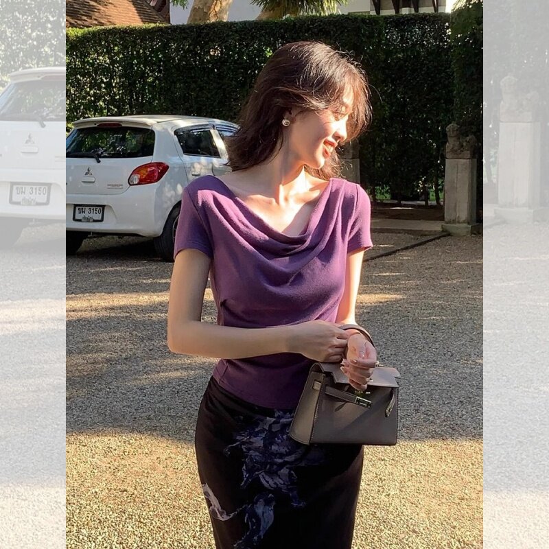 法式纯欲风紫色一字领露肩短袖t恤女夏季甜辣小个子短款荡领上衣