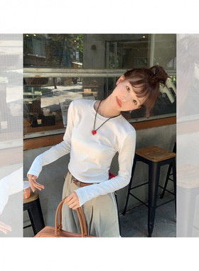 2025秋冬季美式灰色正肩小衫长袖t恤女纯色打底修身95棉百搭上衣