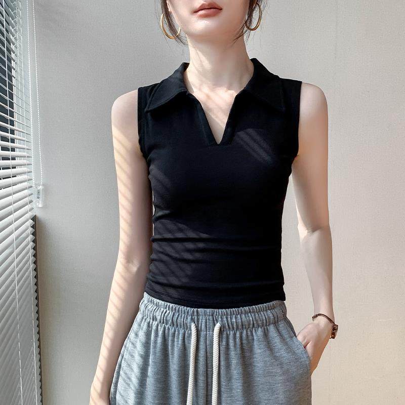 法式POLO领欧货无袖背心女2025夏季洋气翻领修身显瘦纯色T恤上衣