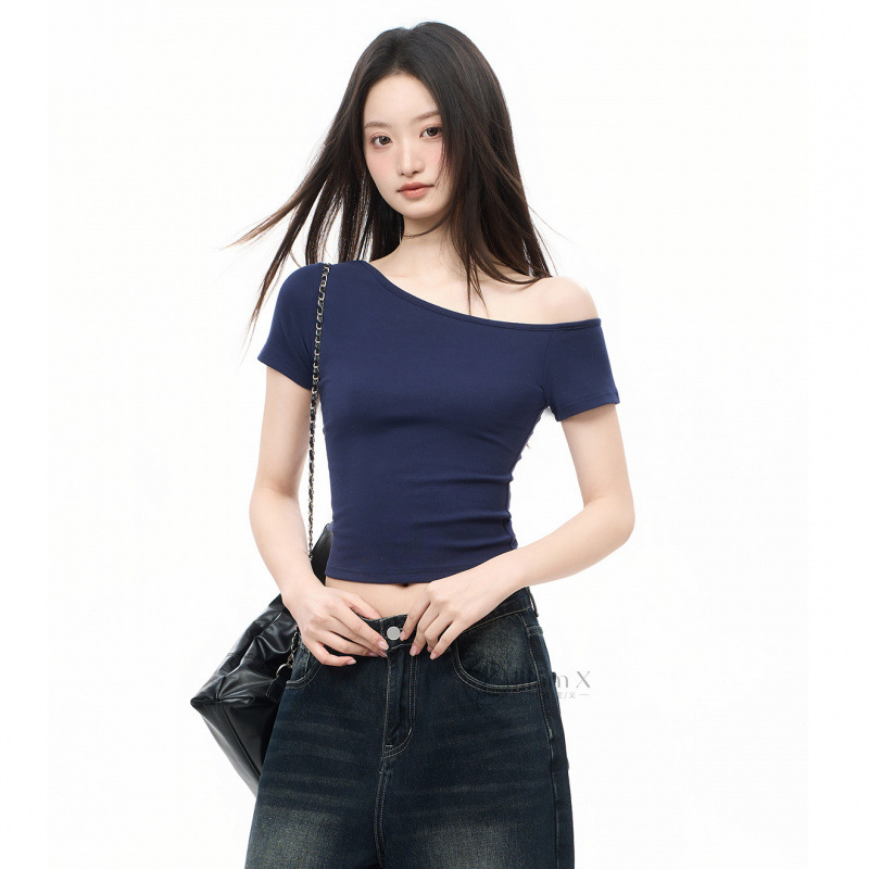 iiiamX藏青色斜肩纯棉短袖t恤女2025夏季设计感修身露肩短款上衣