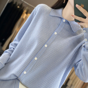 新款 显瘦气质打底针织衫 羊毛开衫 宽松条纹衬衫 女polo领韩版 秋冬季