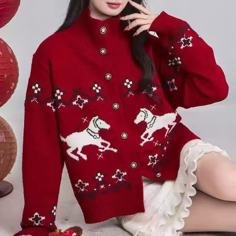 费尔岛卡通提花高领针织开衫女2026早春新款绝美巨好看的毛衣外套,女装/女士精品,毛针织衫,淘宝优惠券,粉丝福利购,淘宝优惠卷