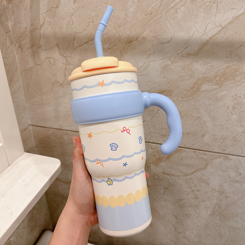 大容量带把手不锈钢保温杯吸管水杯冰霸杯女高颜值保冷办公杯子