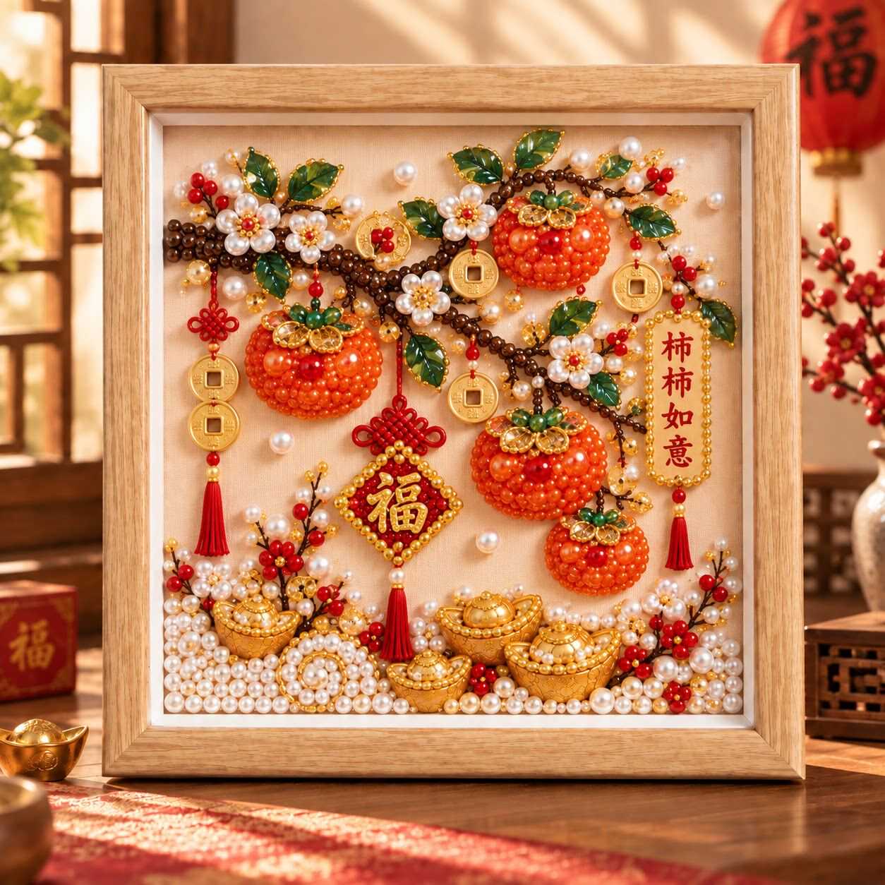 柿柿如意福字珍珠画手工diy招发财钻石相框中式好寓意摆件礼物画