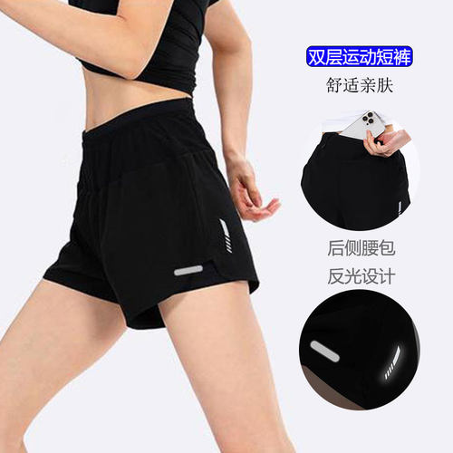跑步三分裤女夏季马拉松双层短裤运动速干透气健身后侧腰包训练裤