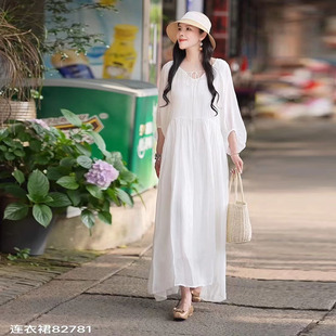 v领新款夏装女连衣裙苎麻系带水滴袖双层高端大气文艺大裙摆长款