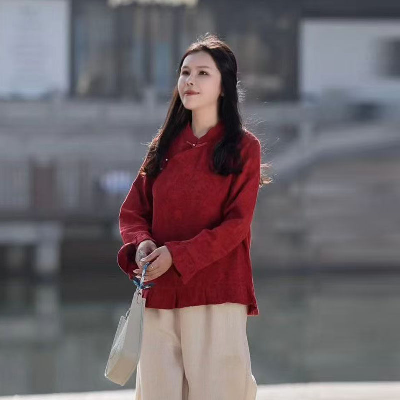 2026春新中式禅意风立领斜襟盘扣上衣亚麻棉提花女款长袖短款茶服