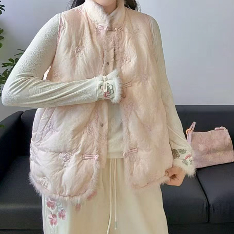 中式绣花立领盘扣设计高级感羽绒服外传马甲女减龄水貂毛背心坎肩