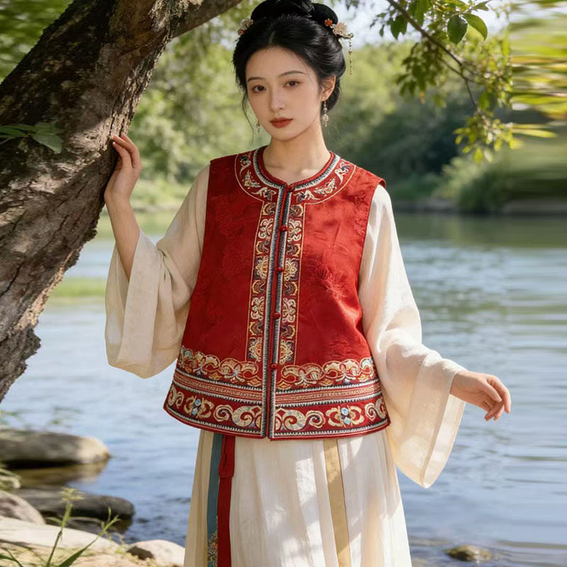 2026春夏新中式国风缎面提花马甲女款圆领刺绣坎肩红色无袖短背心