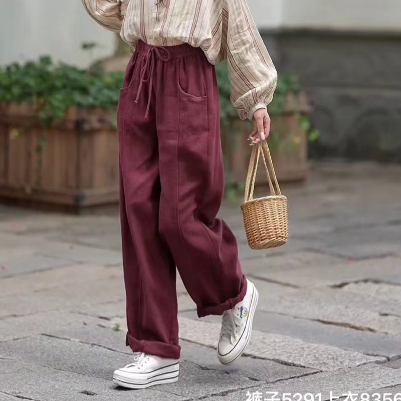 梅子家新款斜纹亚麻6片设计阔腿长裤女松紧腰系带显瘦垂感休闲裤