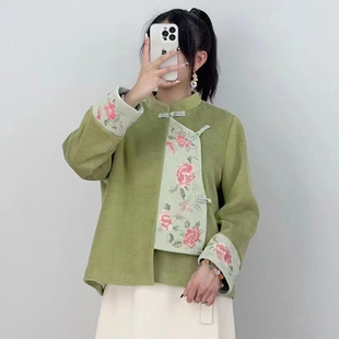 麻印秋冬款开衫呢料刺绣外套女装民族风立领盘扣中式短款上衣时尚