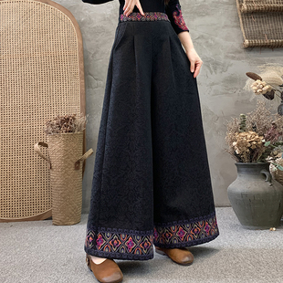 裙裤 梅子家复古腰部裤 民族风绣花大脚裤 女秋冬季 脚刺绣加绒阔腿裤