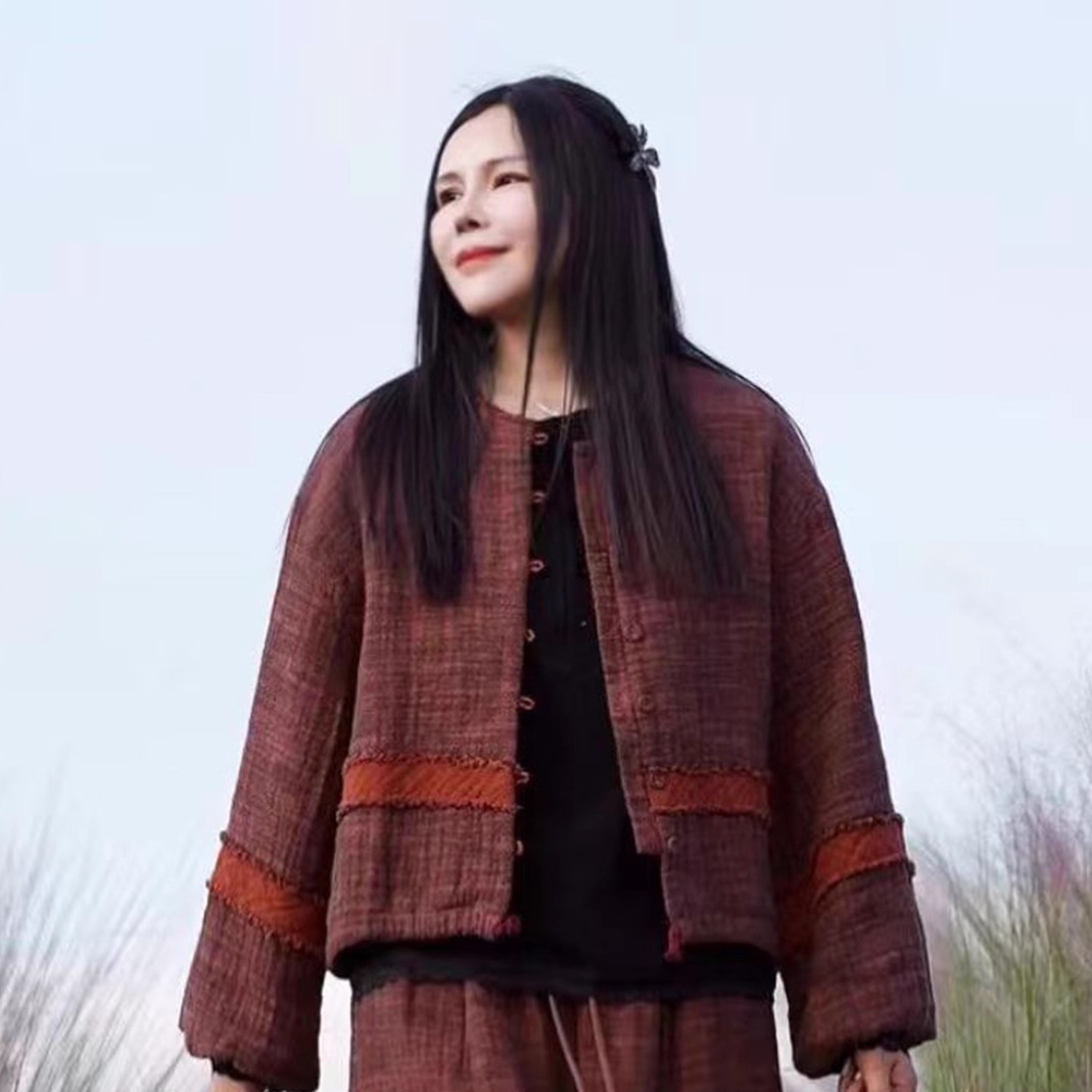 2025冬季高品质双色织亚麻公主袖设计款棉衣宽松版棉服小个子棉袄