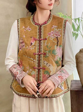 梅子家2026春季新款复古国风马甲新中式盘扣坎肩缎面满绣对襟外套
