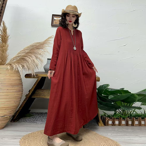 棉麻连衣裙小V领风琴折宽松女士