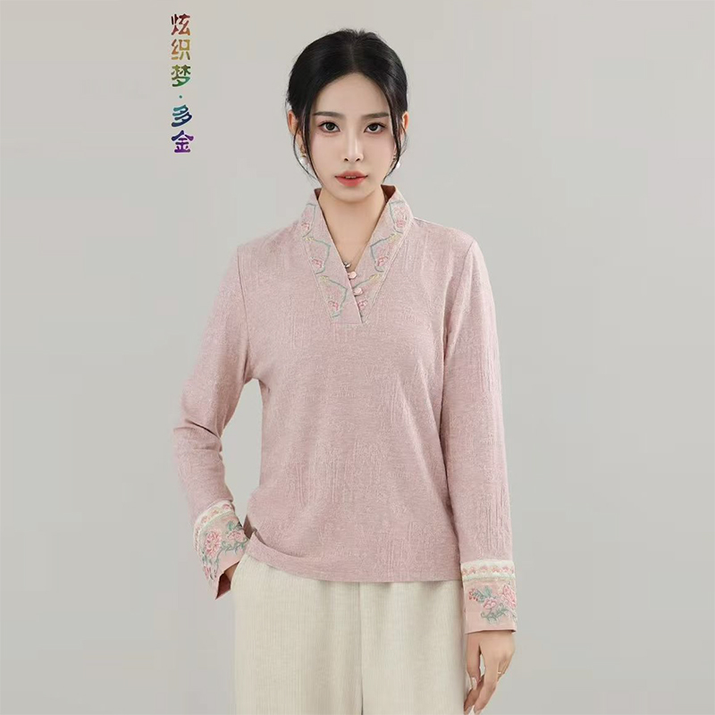 炫织梦V领国风刺绣打底衬衫T恤女