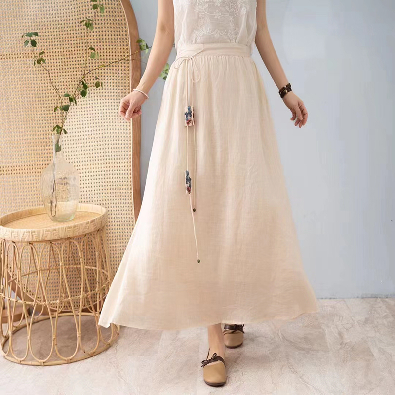 复古文艺纯色双层100支纯苎麻半身裙荷花系带民族风半松紧腰裙子