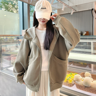 开衫 爆款 拉链上衣休闲宽松显瘦外套 2025新款 灰色连帽卫衣女早秋季