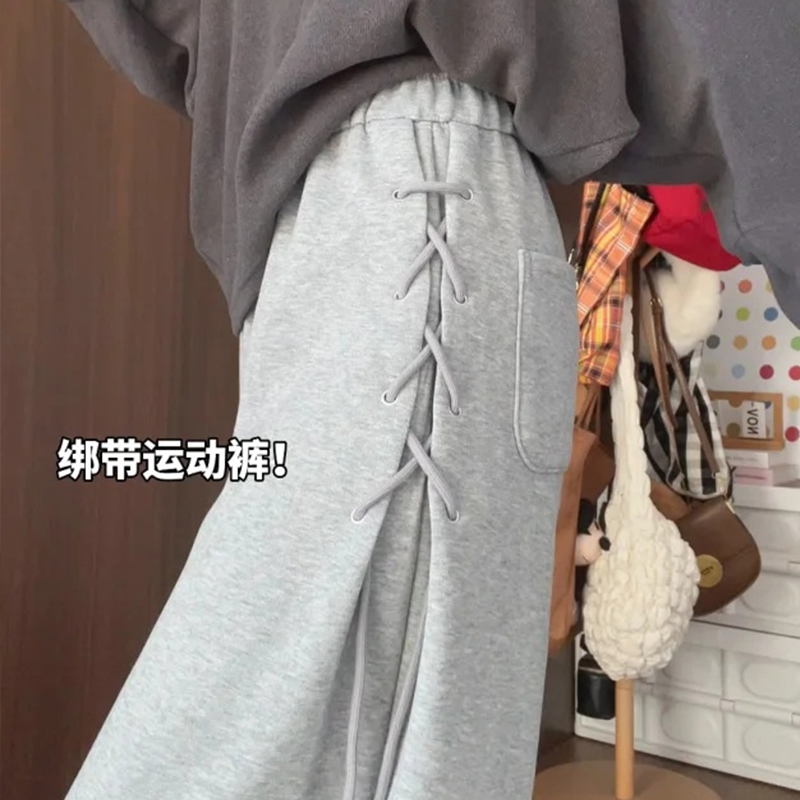 设计感高腰宽松休闲卫裤束脚两穿