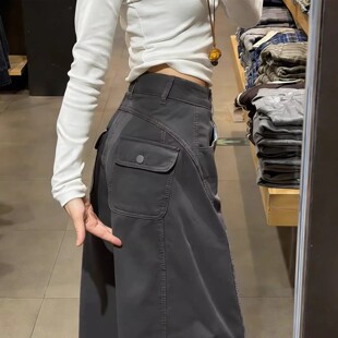美式深灰色工装裤女春秋季2026新款高腰显瘦小个子宽松弯刀阔腿裤