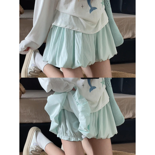 款 蓝色蓬蓬花苞裙女夏季 高腰显瘦a字半身裙小个子防走光灯笼短裙