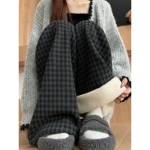 羊羔绒复古阔腿裤女秋冬季加绒加厚2025新款外穿棉裤毛呢格子裤子