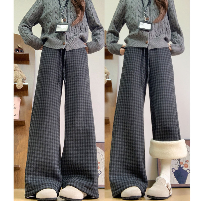 羊羔绒格子阔腿裤女冬季加绒加厚