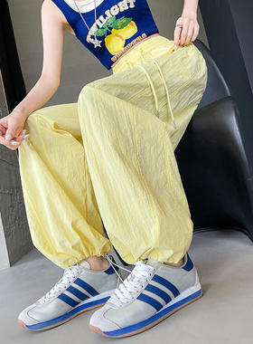 黄色弯刀工装裤女2025夏季款束脚裤小个子美式运动哈伦速干阔腿裤