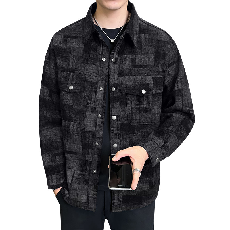 拔印格纹牛仔外套翻领复古休闲衬衣迷彩夹克男JK2289-P95,男装工装外套,电商D236（原A051）