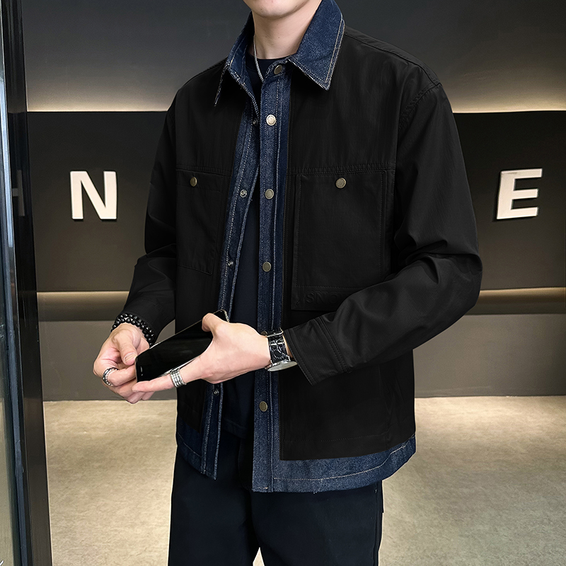 牛仔拼接假两件翻领夹克男潮牌设计感百搭外套JK2290-P110，男装夹克，电商D236（原A051）
