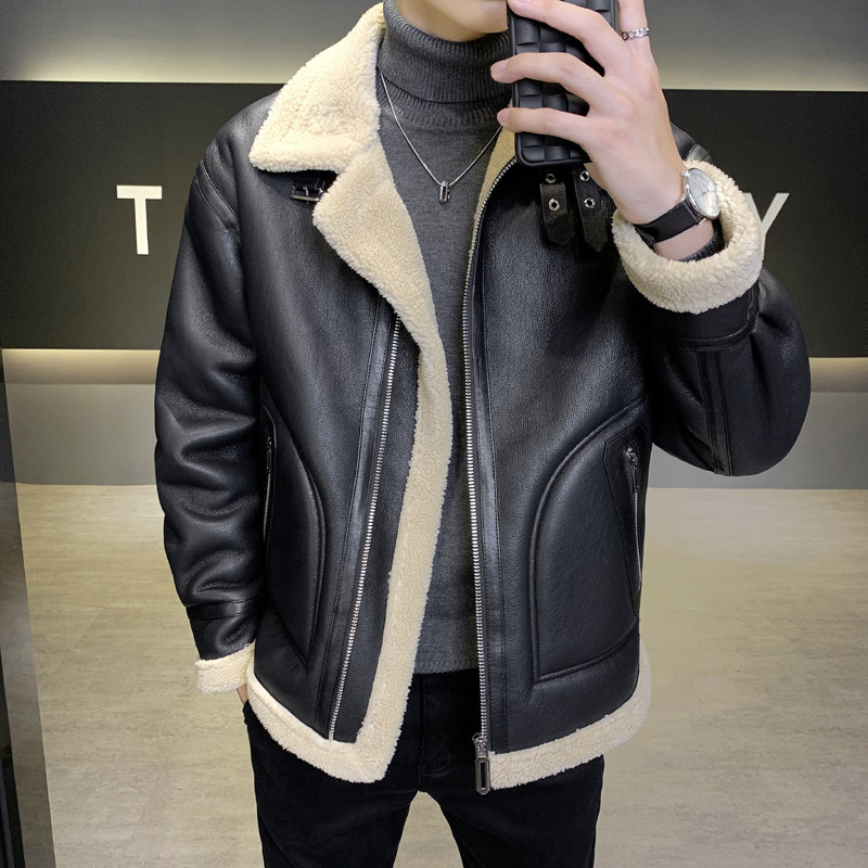 皮毛一体外套男冬季加绒加厚男士机车皮夹克9233-P210图片