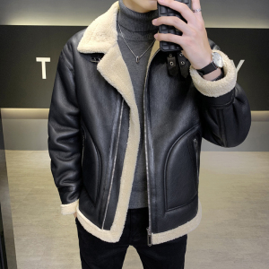 皮毛一体外套男冬季加绒加厚男士机车皮夹克9233-P210图片