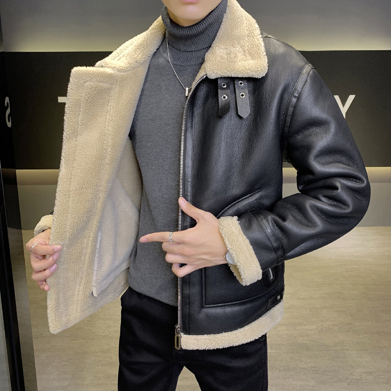皮毛一体外套男冬季加绒加厚男士机车皮夹克9233-P210,男装夹克,电商D236（原A051）
