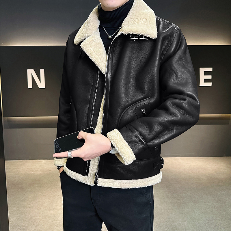 皮毛一体外套男冬季加绒加厚棉服男士皮夹克9233-P210，男装夹克，电商D236（原A051）