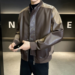 撞色拼接宽松PU皮衣立领夹克外套男3303-P135图片