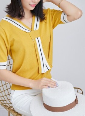 条纹冰丝短袖针织衫新款2026女士夏季短款特别仙的上衣薄款t恤爆