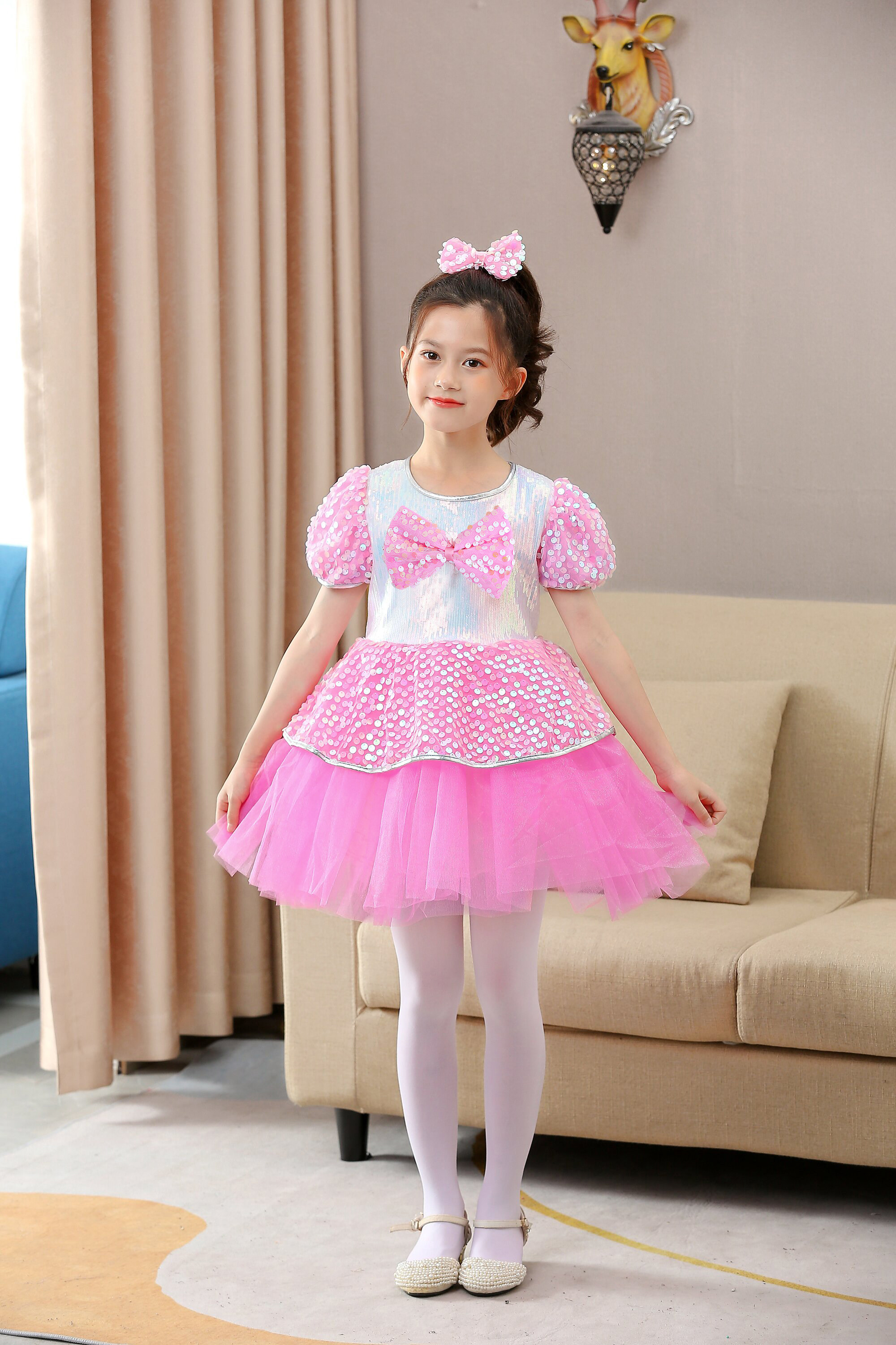 儿童演出服蓬蓬裙亮片公主裙子粉色蝴蝶结少儿舞蹈服六一舞台服装