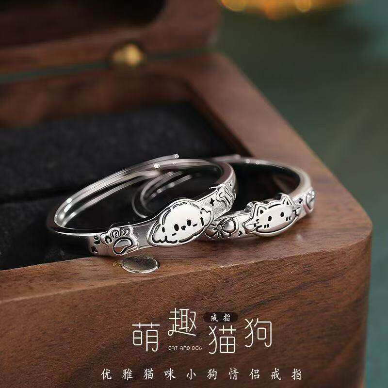 J608涂鸦猫咪小狗情侣戒指轻奢创意卡通对戒可爱萌趣开口指环